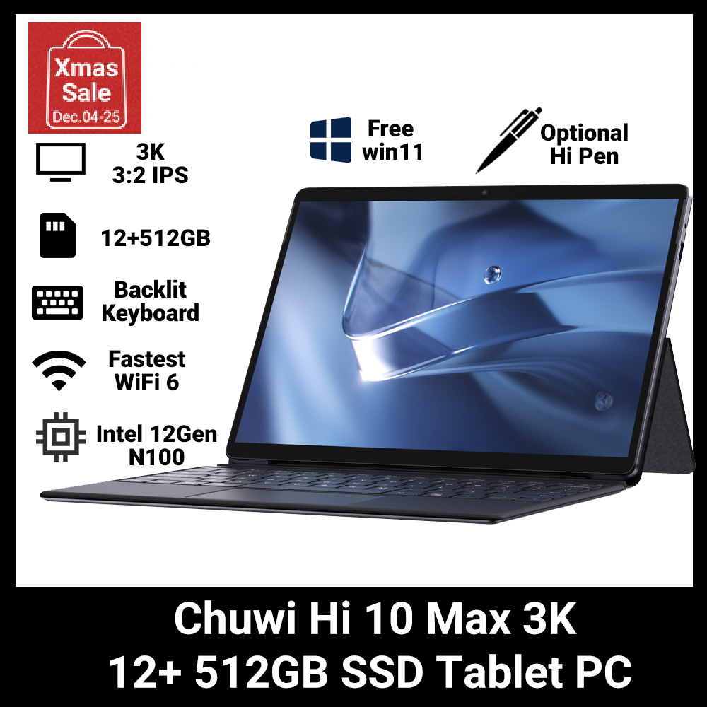 Brand Tablet PC Chuwi Hi 10Max 13 3:2 3k metal Tablet pc: 12GB+512GB SSD, UHD Backlit keyboard Battery 8h & Free Official Win 11 system WiFi6 Bluetooth 5.2 HP Dell Asus Lenovo Killer new laptop