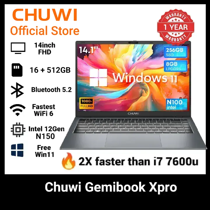 Brand new Chuwi Gemibook XPro N150 ultrabook: (2X faster i7 7th), 16GB+512GB SSD, 14" Full HD Ultrabook with Long Battery Life & Free Win 11 system WiFi6 Bluetooth 5.2 HP Dell Asus Lenovo Killer