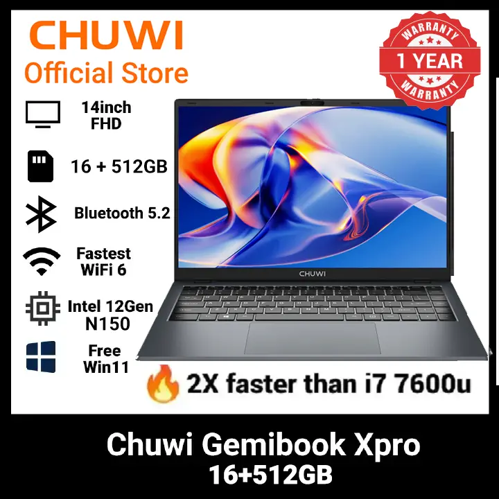Brand new Chuwi Gemibook XPro N150 ultrabook: (2X faster i7 7th), 16GB+512GB SSD, 14" Full HD Ultrabook with Long Battery Life & Free Win 11 system WiFi6 Bluetooth 5.2 HP Dell Asus Lenovo Killer