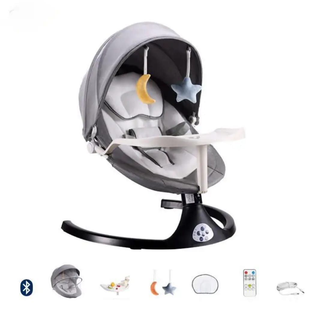 Electric/Battery operated baby swing with bluetooth,music toys,feeding plate and remote control....The swing soothes to stop crying