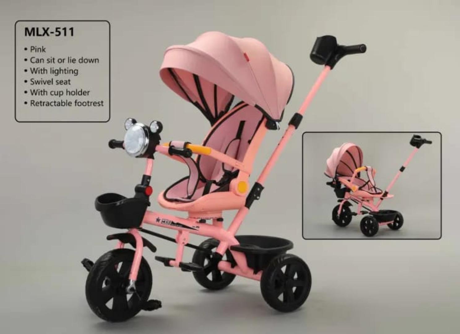 Kids Tricycle with canopy,has light,melody,reclining seat which rotates 360°