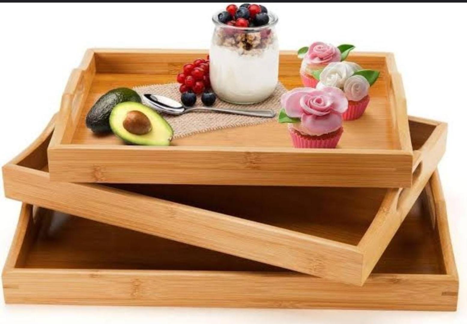 Multifunctional Big sized 3in1 bamboo serving trays set bamboo wooden rectangular tea trays solid wood tray tea cup trays stand tray Size Big 42by33by4cm Medium 39by30cm Small 37cmby27cm
