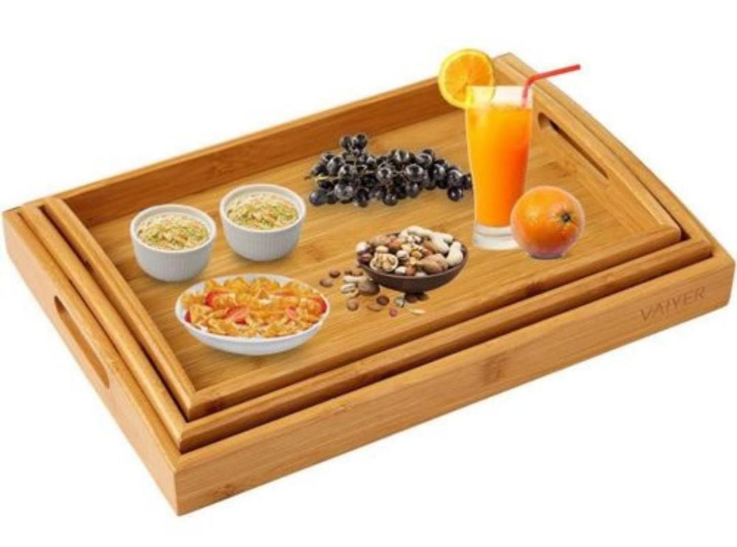 Multifunctional Big sized 3in1 bamboo serving trays set bamboo wooden rectangular tea trays solid wood tray tea cup trays stand tray Size Big 42by33by4cm Medium 39by30cm Small 37cmby27cm