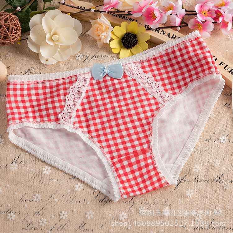3*PC Manufacturer direct sales butterfly knot plaid cute underwear candy color pure cotton underwear lace lace lace women's 209 underwear red one size fits all