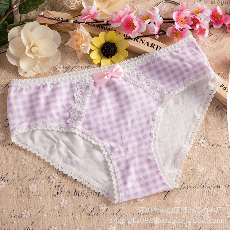 3*PC Manufacturer direct sales butterfly knot plaid cute underwear candy color pure cotton underwear lace lace lace women's 209 underwear red one size fits all