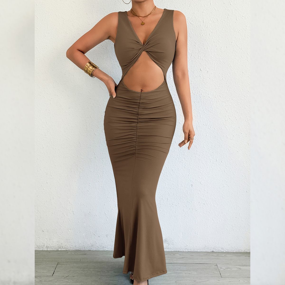 Amazon Women's Fashion New Long Skirt European and American Slimming Fish Tail Package Hip Sexy Dress brown M