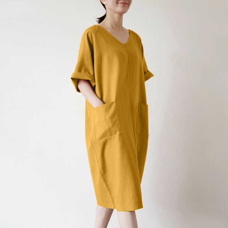 Retro dress, women's cotton casual solid color long sun dress, loose V-neck bathrobe red L