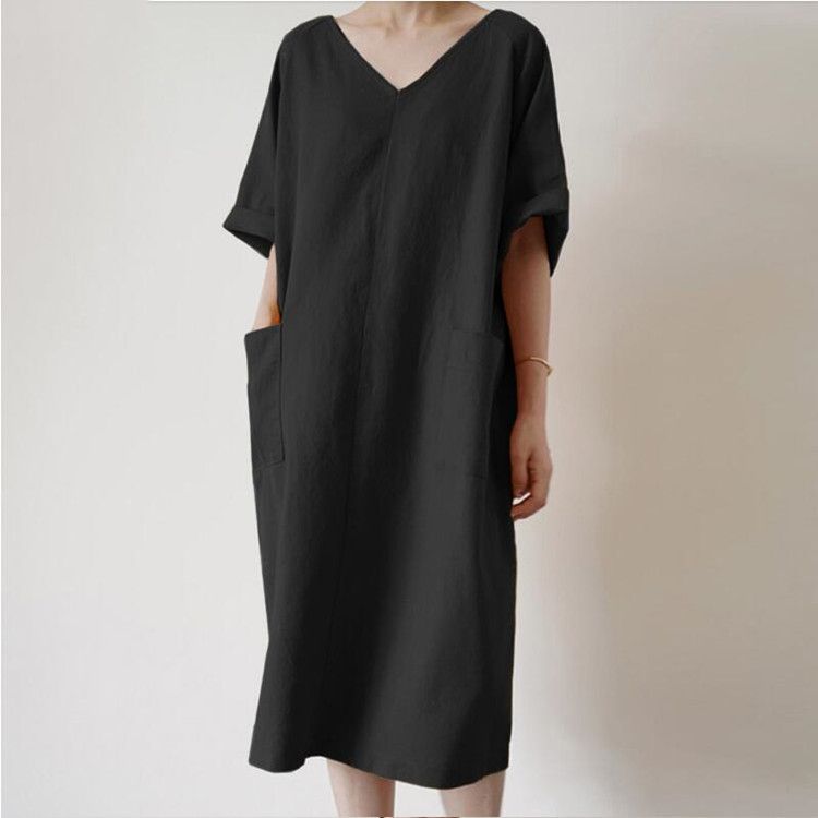Retro dress, women's cotton casual solid color long sun dress, loose V-neck bathrobe red L