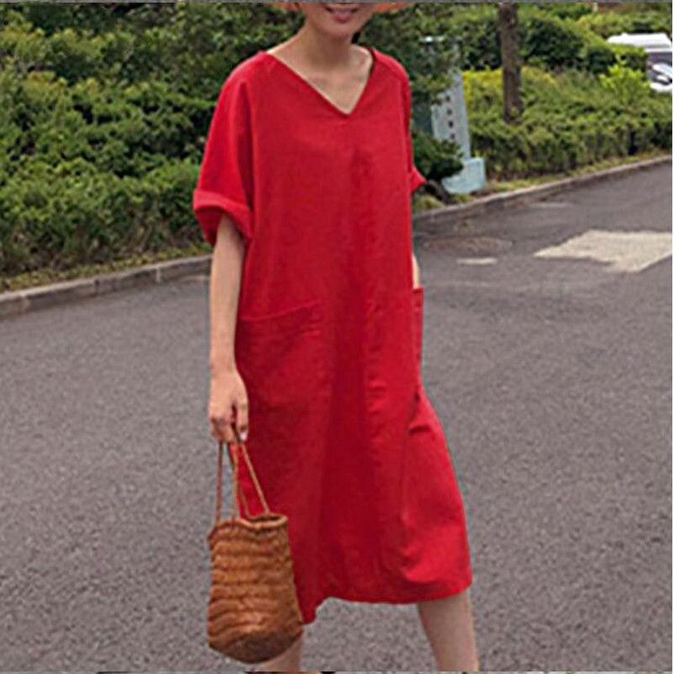 Retro dress, women's cotton casual solid color long sun dress, loose V-neck bathrobe red L