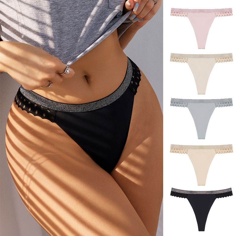 Cross border wholesale of European and American low rise ice silk nude oversized women's underwear, quick drying breathable lace edge sexy thong black S