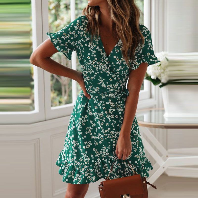Summer Cross border Women's Clothing AliExpress Amazon Europe and America Printed V-neck Strap High Waist Chiffon Floral Dress blue S