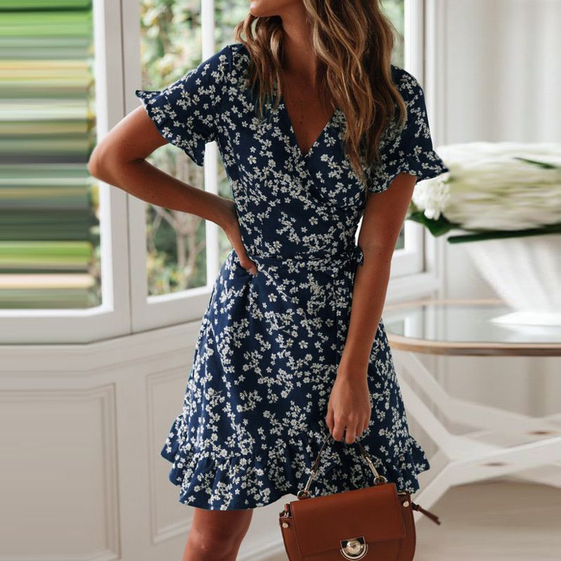 Summer Cross border Women's Clothing AliExpress Amazon Europe and America Printed V-neck Strap High Waist Chiffon Floral Dress blue S