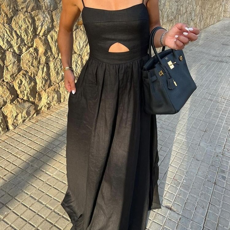 2024 European and American Fashion Strap Dress Breathable Backless Long Dress for Women French Long Black Strap Dress Hei S