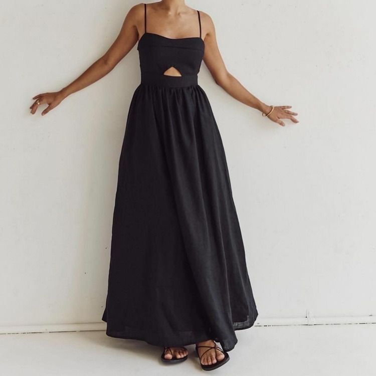 2024 European and American Fashion Strap Dress Breathable Backless Long Dress for Women French Long Black Strap Dress Hei S