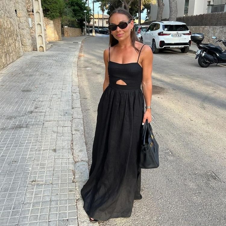 2024 European and American Fashion Strap Dress Breathable Backless Long Dress for Women French Long Black Strap Dress Hei S