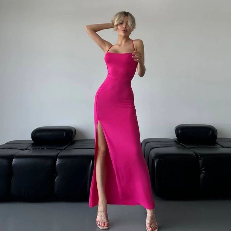 European and American style women's summer new product, one collar hanging neck strap, exposed back high waist slit tight hip hugging dress Hei S