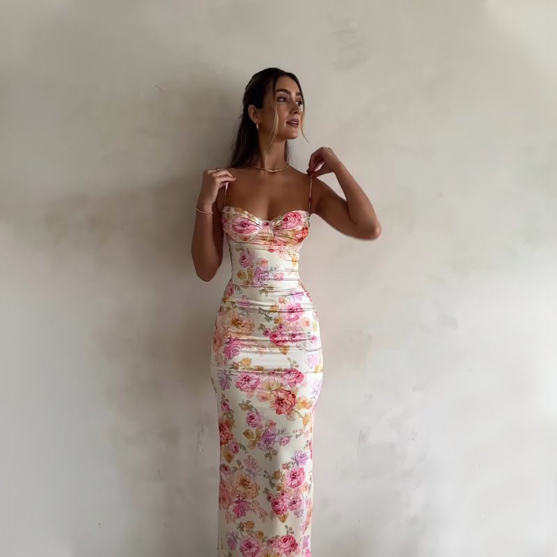 2*PC European and American style cross-border women's clothing 2024 summer fashion new fashion print slim fit sexy backless camisole dress 823 suit color S