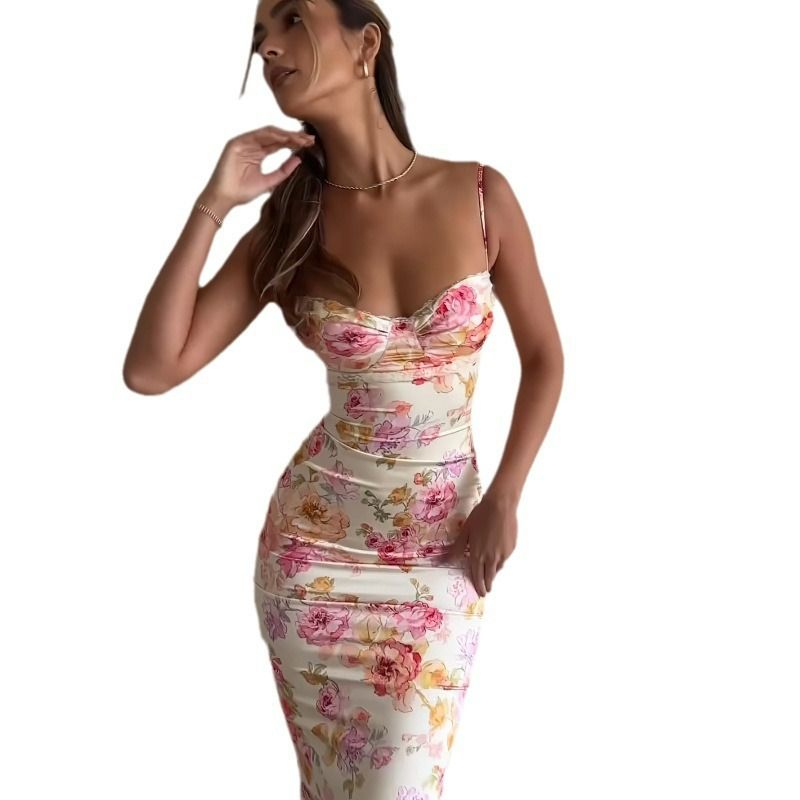 2*PC European and American style cross-border women's clothing 2024 summer fashion new fashion print slim fit sexy backless camisole dress 823 suit color S