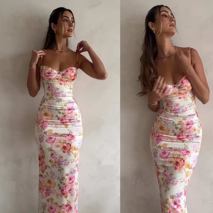 2*PC European and American style cross-border women's clothing 2024 summer fashion new fashion print slim fit sexy backless camisole dress 823 suit color S