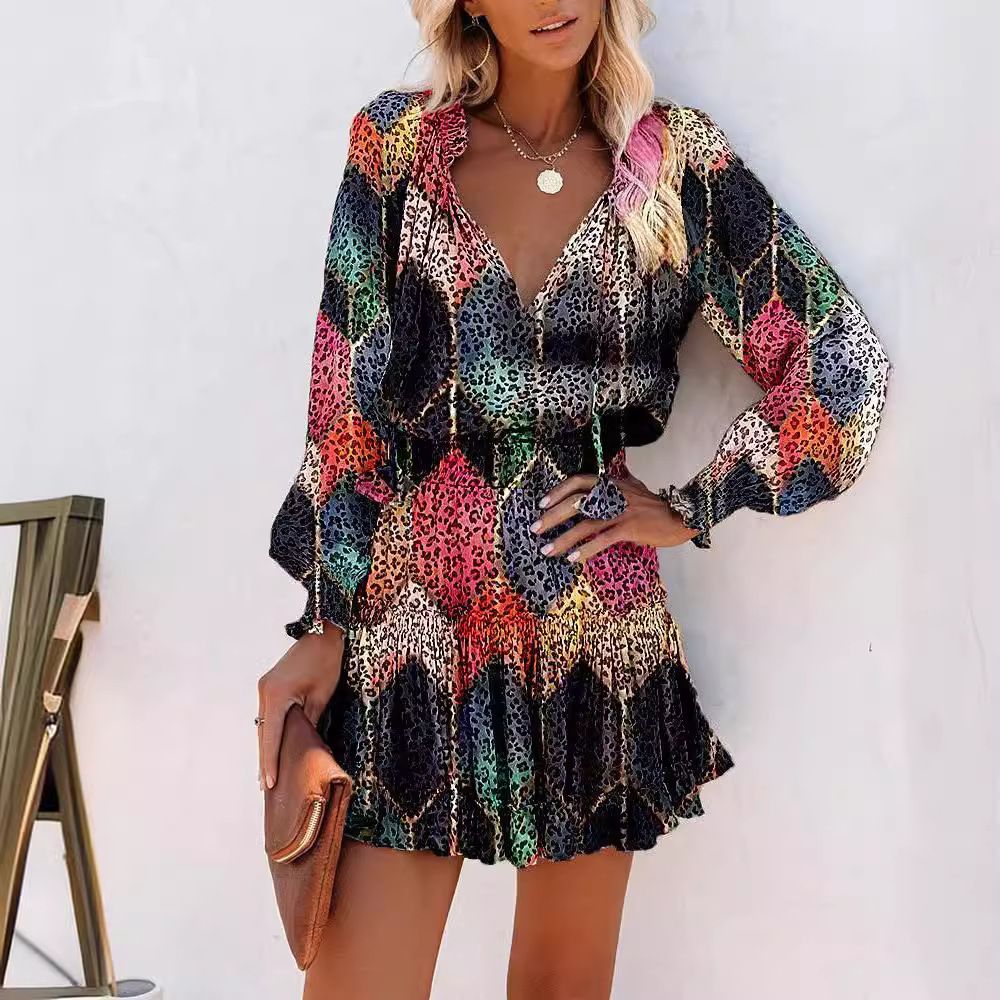 2*PC Dress Cross border Women's Clothing AliExpress Amazon 2023 New Long Sleeve V-neck Fashion Printed Waist Skirt Style_1 S