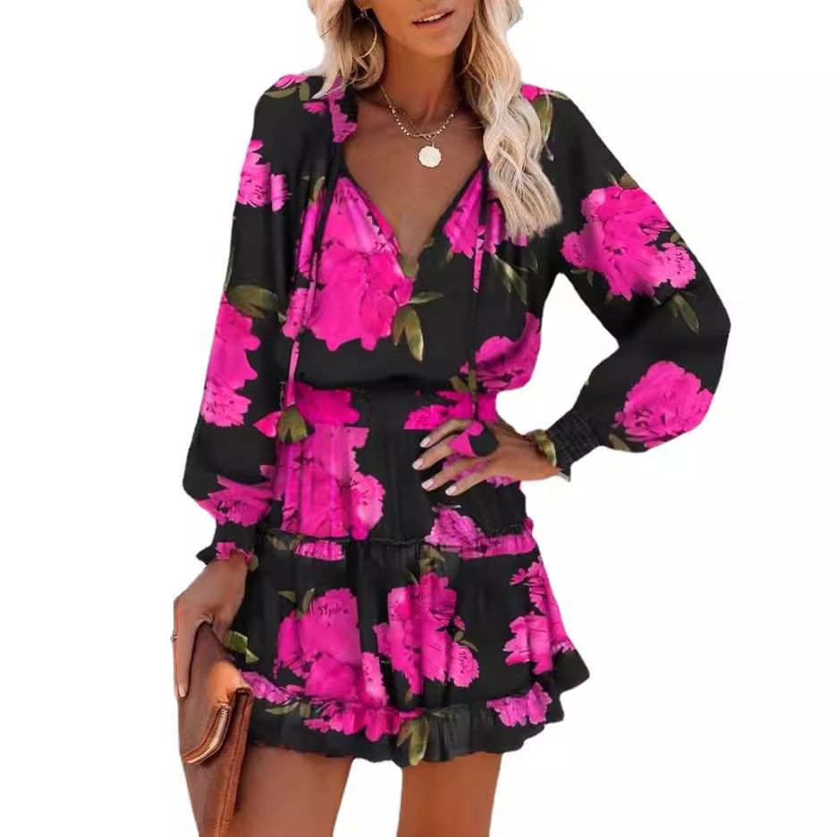 2*PC Dress Cross border Women's Clothing AliExpress Amazon 2023 New Long Sleeve V-neck Fashion Printed Waist Skirt Style_1 S