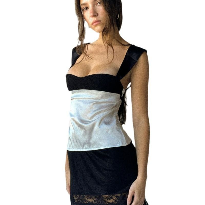 Cross border European and American summer women's sexy low cut tied waist, exposed back camisole vest, spicy girl color blocked high street T-shirt white S