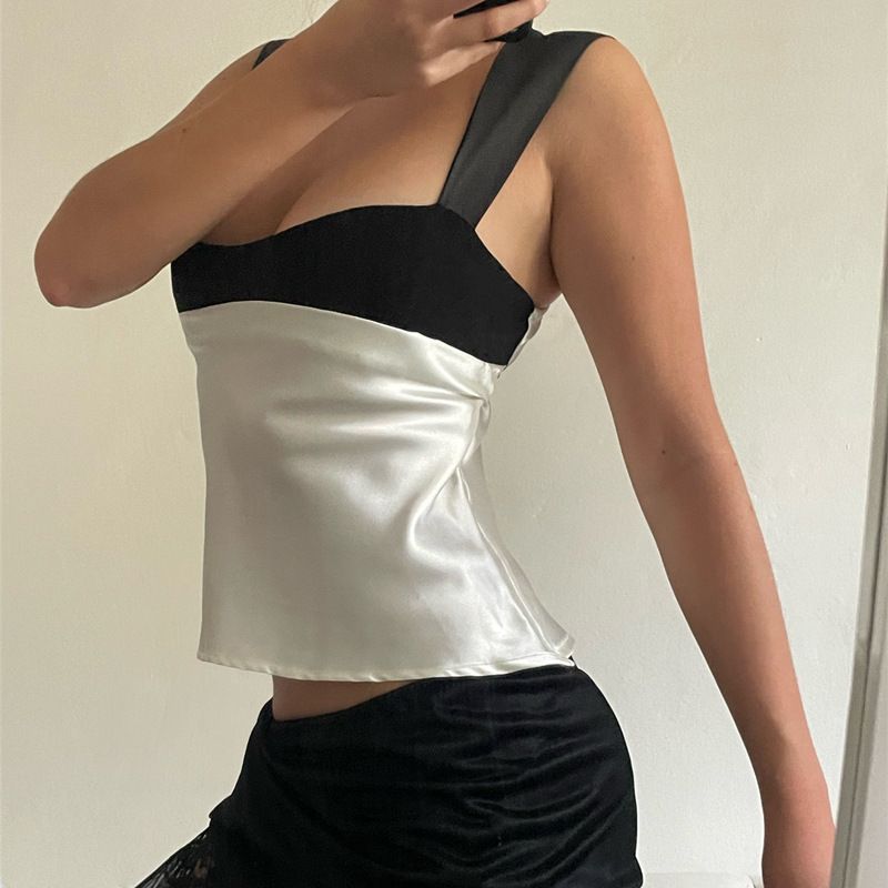 Cross border European and American summer women's sexy low cut tied waist, exposed back camisole vest, spicy girl color blocked high street T-shirt white S