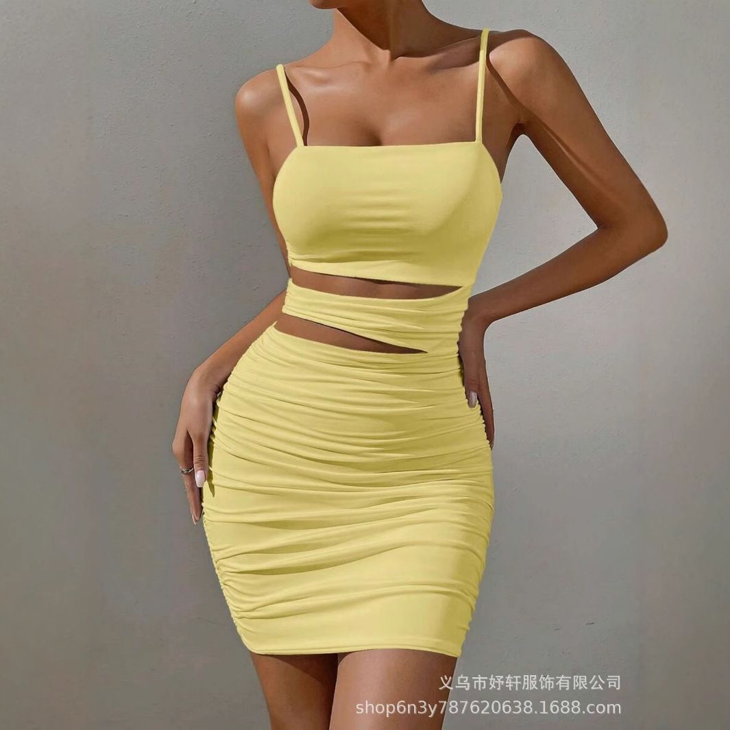 Summer European and American women's cross-border hot selling sexy bag hip skirt women's summer high-end dress suspender high texture dress red S