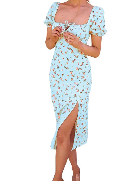 2*PC 2024 European and American sexy temperament printed chest tied high waisted backless slit mid length short sleeved dress white S