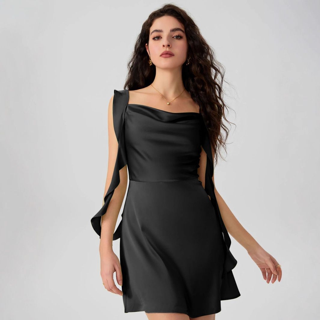 European and American style women's cross-border temu popular satin ruffle edge ribbon slim fit high-quality dress wholesale for women in summer black S