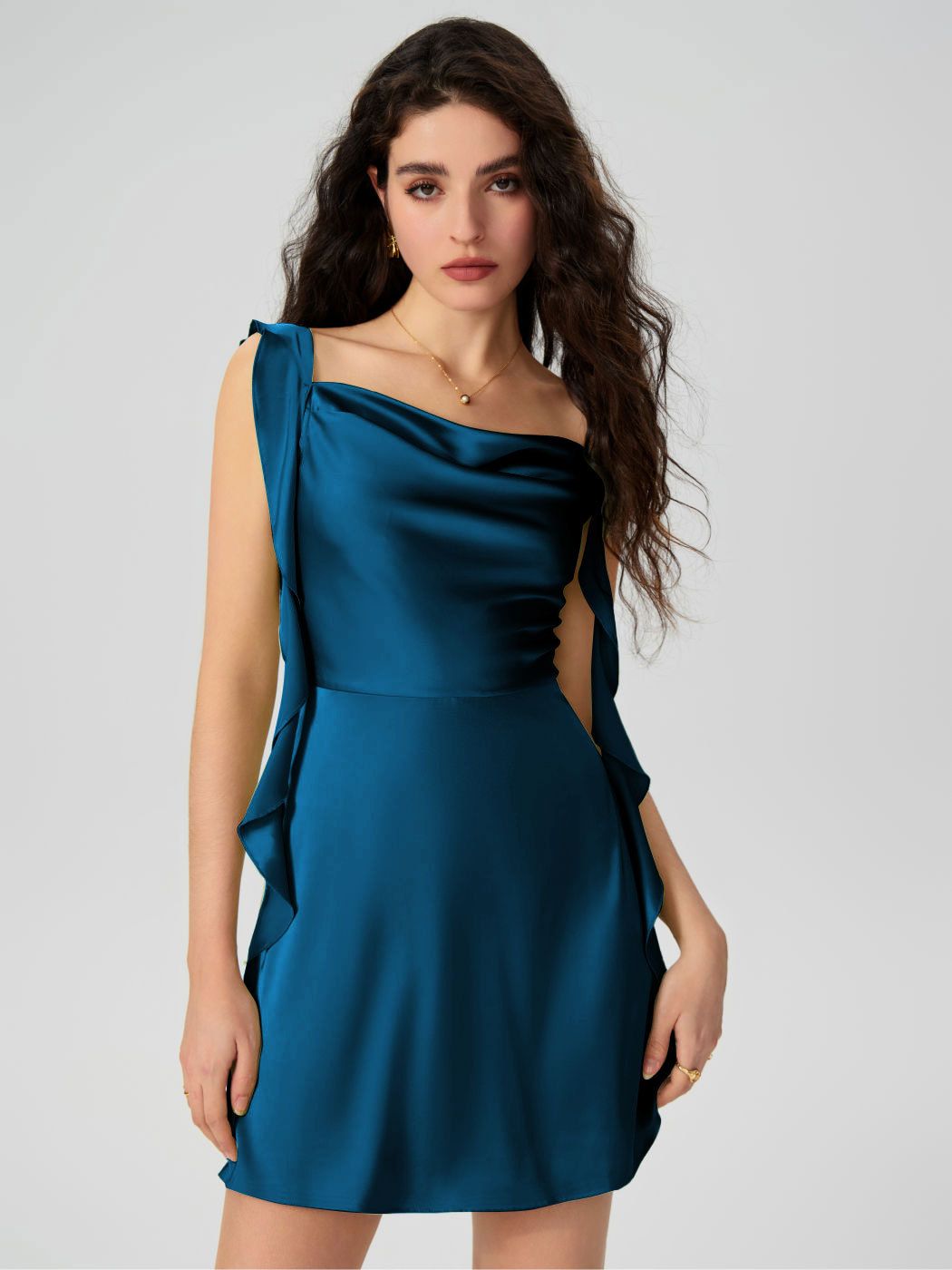European and American style women's cross-border temu popular satin ruffle edge ribbon slim fit high-quality dress wholesale for women in summer black S