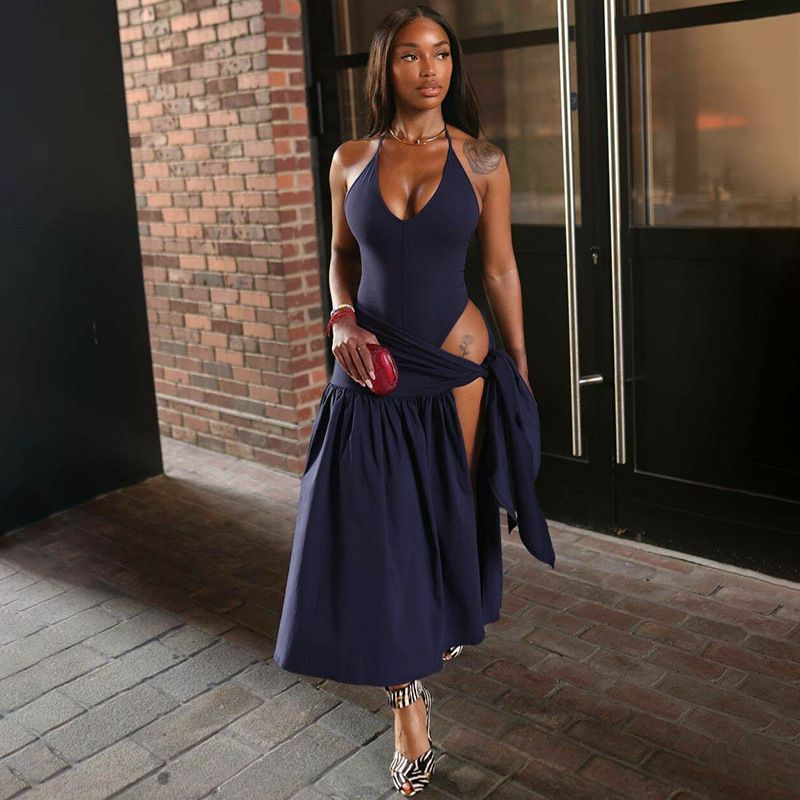 European and American women's clothing 2024 autumn new product fashionable and sexy backless jumpsuit slim fit lace up skirt set wholesale Hei S