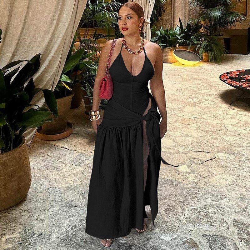 European and American women's clothing 2024 autumn new product fashionable and sexy backless jumpsuit slim fit lace up skirt set wholesale Hei S