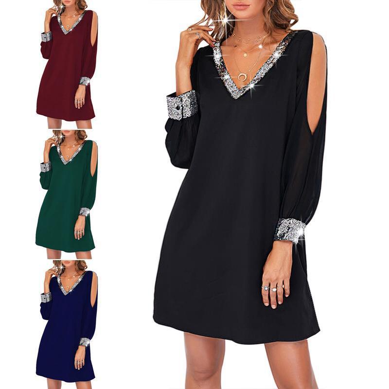 Amazon Europe and America Cross border New Women's Solid Color Off Shoulder Sleeve Casual Fashion Deep V-neck sequined Splicing Dress black S