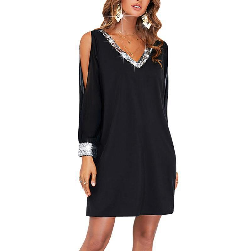 Amazon Europe and America Cross border New Women's Solid Color Off Shoulder Sleeve Casual Fashion Deep V-neck sequined Splicing Dress black S