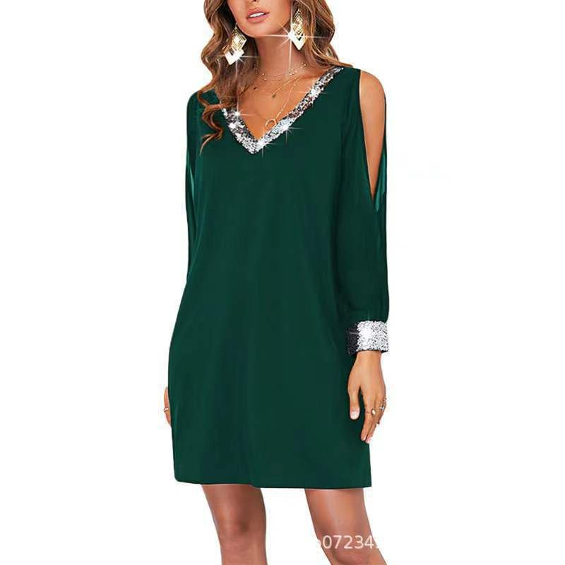 Amazon Europe and America Cross border New Women's Solid Color Off Shoulder Sleeve Casual Fashion Deep V-neck sequined Splicing Dress black S