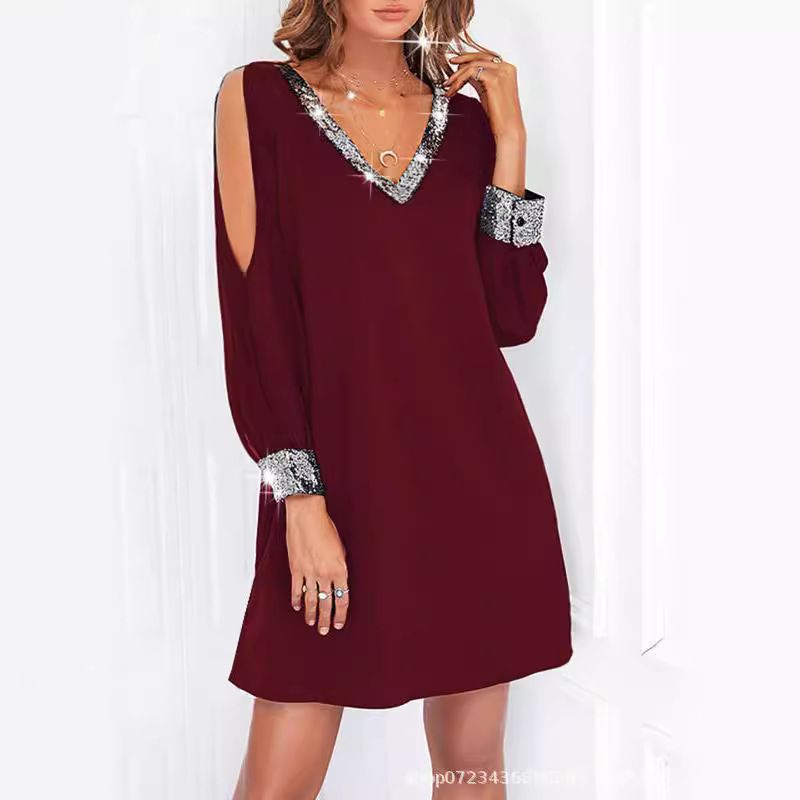 Amazon Europe and America Cross border New Women's Solid Color Off Shoulder Sleeve Casual Fashion Deep V-neck sequined Splicing Dress black S