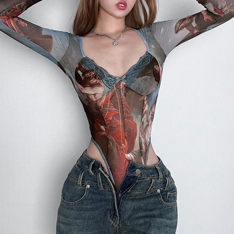 New Greek retro printed mesh jumpsuit for women with spicy collar and lace patchwork lightweight top, trendy HuaSe S