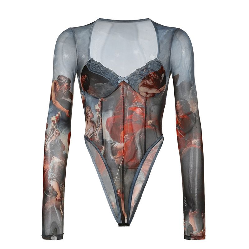 New Greek retro printed mesh jumpsuit for women with spicy collar and lace patchwork lightweight top, trendy HuaSe S