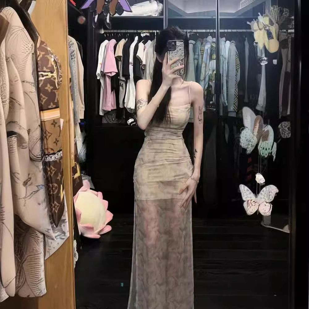 2*PC Pure desire wind floral suspender dress for women, summer French sweet and spicy girl temperament, split hip long skirt apricot S