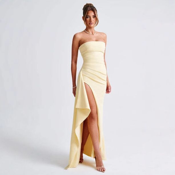 European and American off shoulder strapless evening dress long skirt sexy high waist slit irregular ruffle edge pleated slimming dress Style_1 S