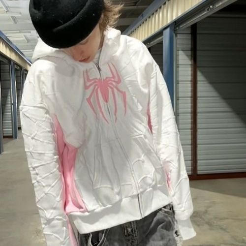European and American cross-border new Gothic dark spider print hooded cardigan full chain loose fit men's and women's trendy brand hoodie jacket white S
