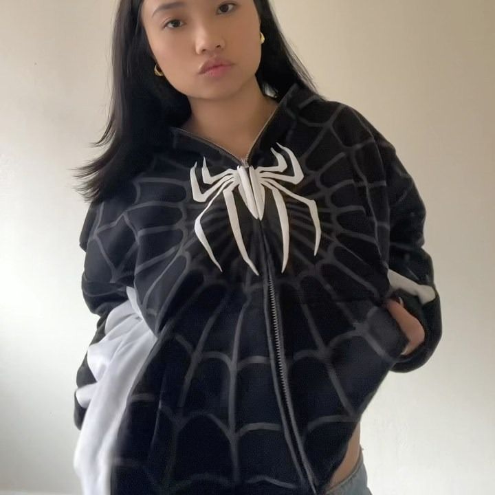 European and American cross-border new Gothic dark spider print hooded cardigan full chain loose fit men's and women's trendy brand hoodie jacket white S