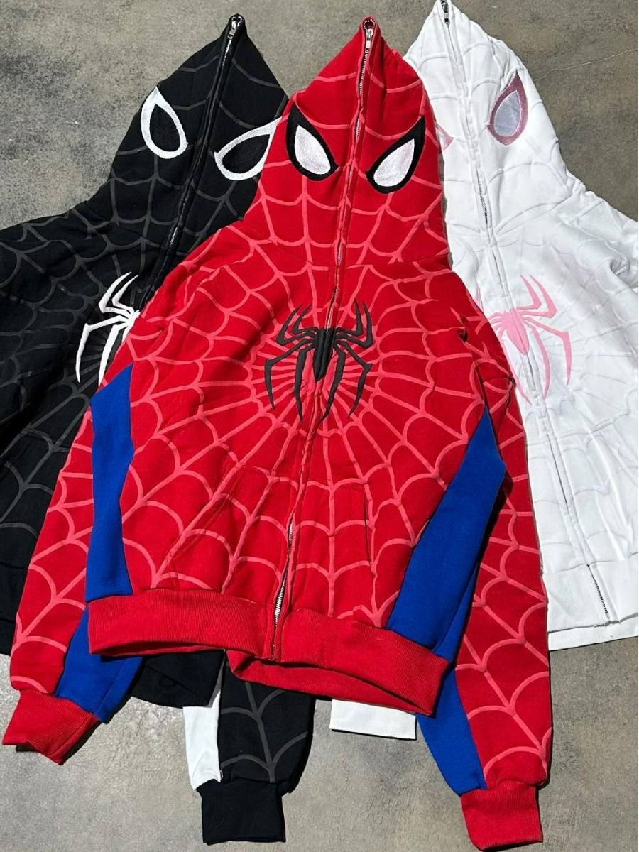 European and American cross-border new Gothic dark spider print hooded cardigan full chain loose fit men's and women's trendy brand hoodie jacket white S