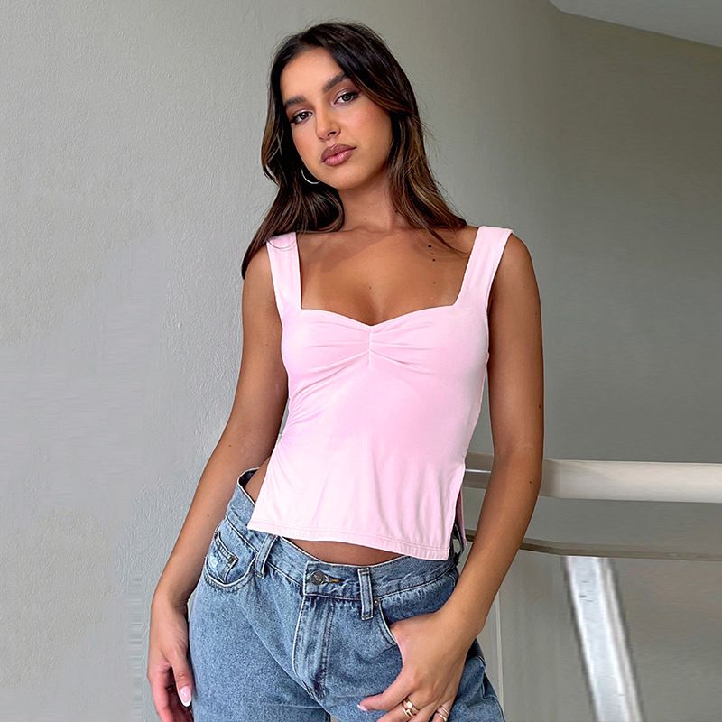 European and American Cross border Women's 2023 Summer Ins New Solid Color Square Collar Strap Shrink Fold Back Tank Top T-shirt for Women Bai S
