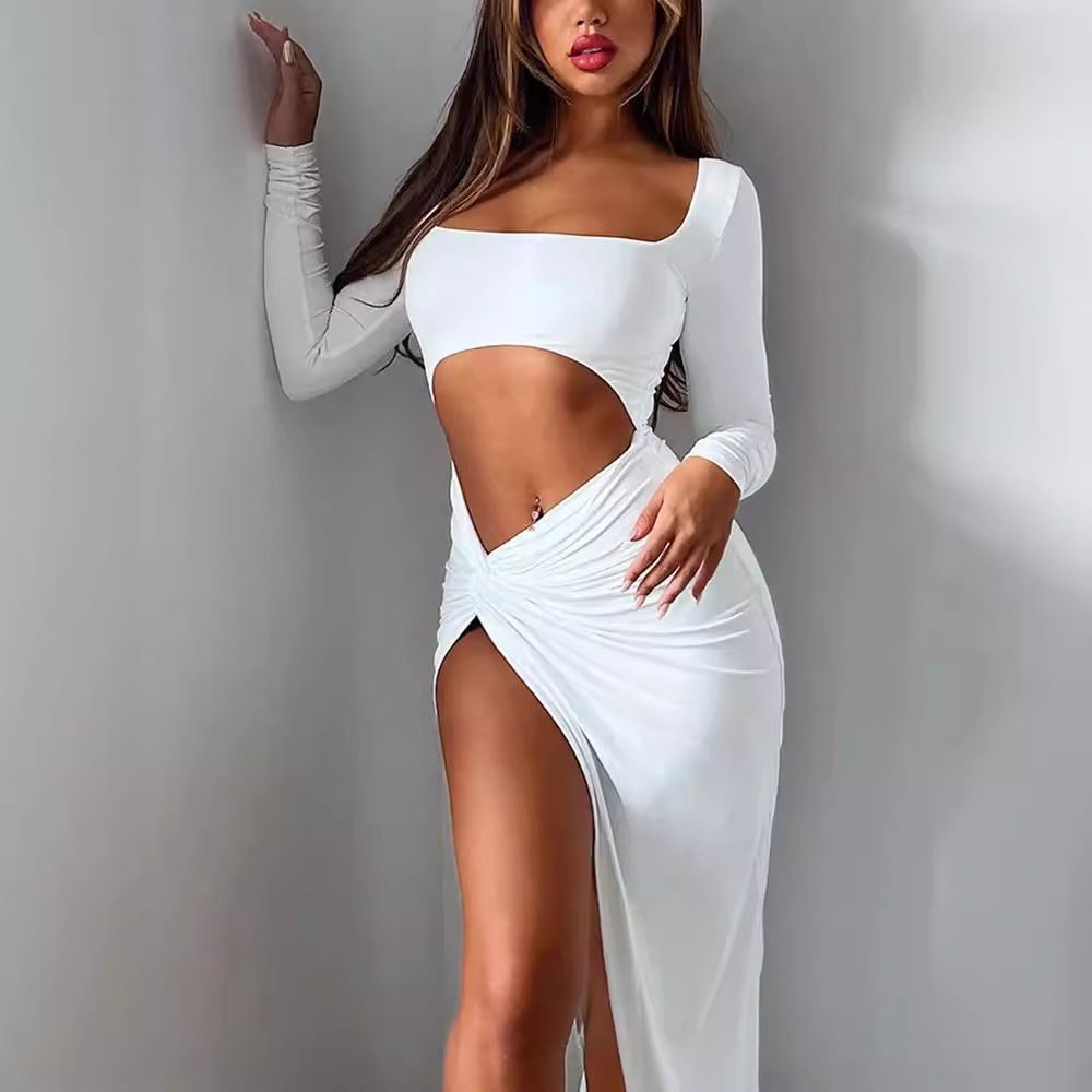 Spot European and American cross-border spring and autumn Amazon women's sexy street fashion hollowed out square neck slit dress Style_1 S