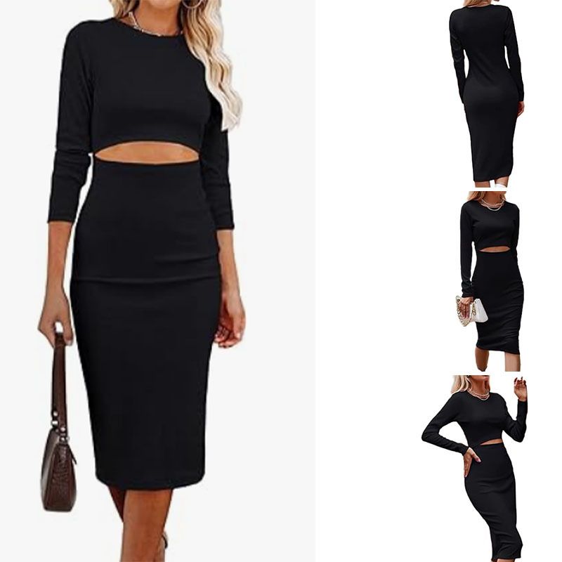 European and American women's long sleeved medium length tight fitting dress, casual round neck hollowed out knitted slim pencil skirt black S