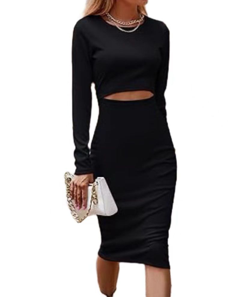 European and American women's long sleeved medium length tight fitting dress, casual round neck hollowed out knitted slim pencil skirt black S