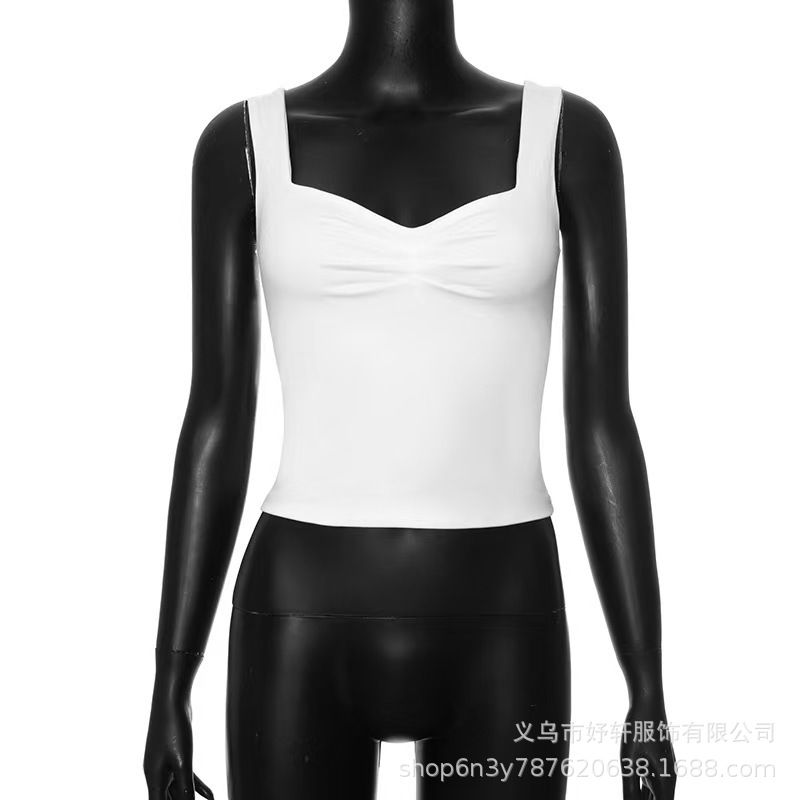 European and American women's summer cross-border slim fit splicing exposed navel sleeveless square neck camisole vest for women's summer outdoor wear European and American style white S