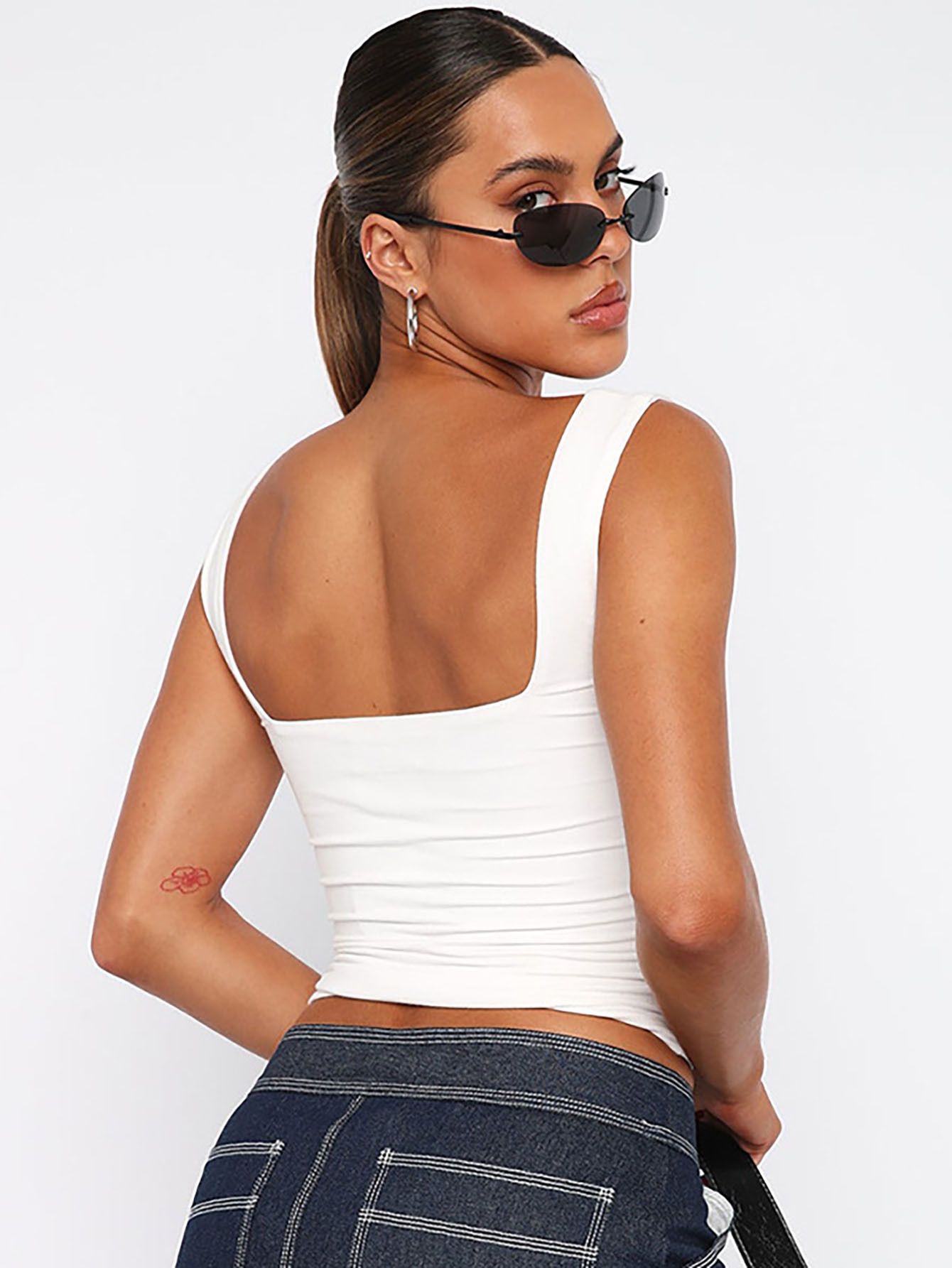 European and American women's summer cross-border slim fit splicing exposed navel sleeveless square neck camisole vest for women's summer outdoor wear European and American style white S